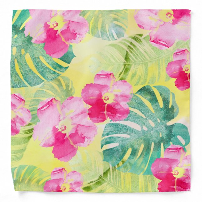 Tropical Banana Leaves and Hibiscus Flowers Bandana (Front)