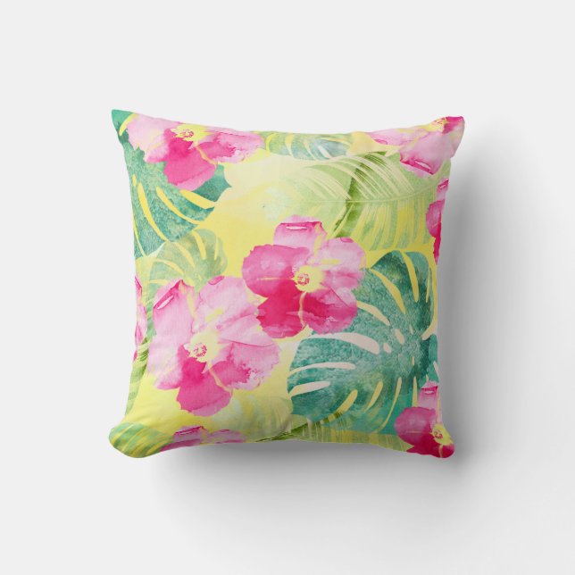 Tropical Banana Leaves and Hibiscus Flowers Throw Pillow (Front)