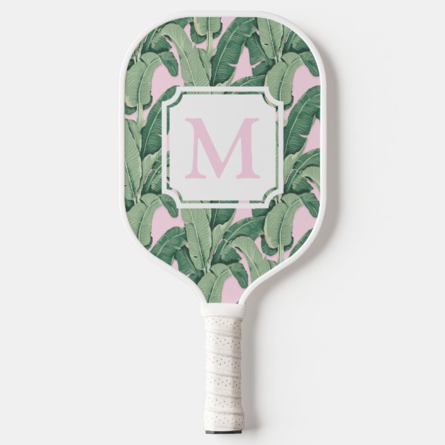 Tropical Banana Leaves Monogram | Stripes Pickleball Paddle (Front)