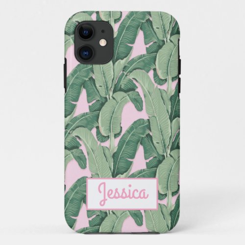 Tropical Banana Leaves on Pink  iPhone 11 Case