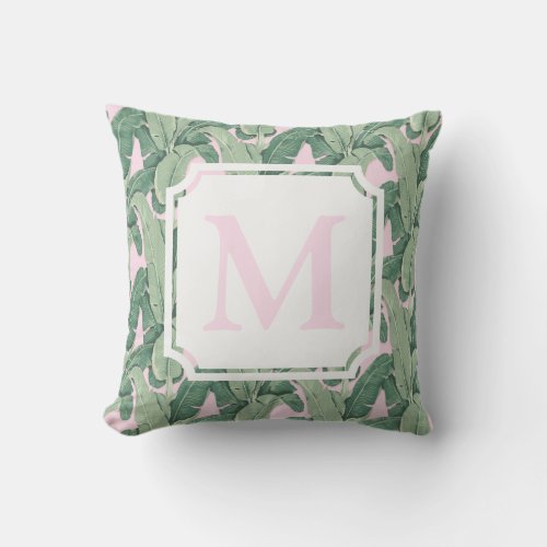 Tropical Banana Leaves on Pink Monogram Cabana Outdoor Pillow