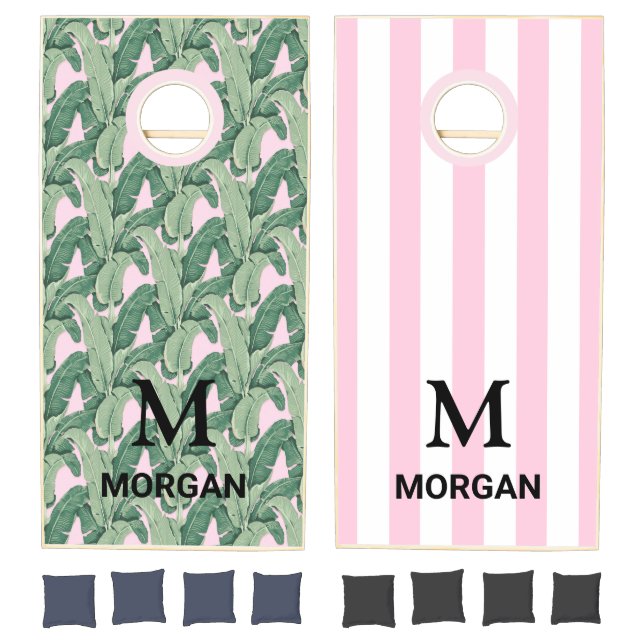 Tropical Banana Leaves on Pink Monogram Cornhole Cornhole Set (Set)