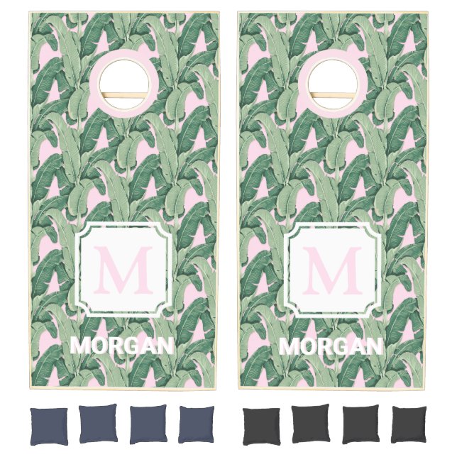 Tropical Banana Leaves on Pink Monogram  Cornhole Set (Set)