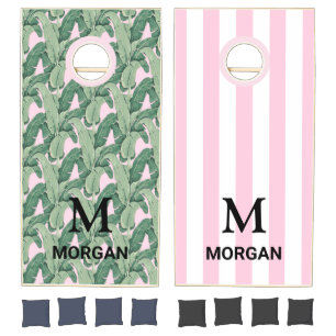 Tropical Banana Leaves on Pink Monogram Cornhole Set