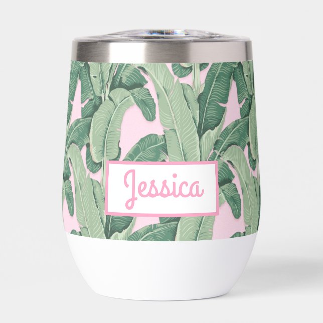 Tropical Banana Leaves on Pink  Thermal Wine Tumbler (Front)