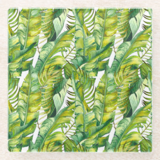 Tropical Banana Leaves Watercolor Pattern Glass Coaster