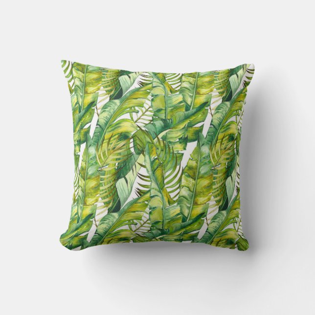 Tropical Banana Leaves Watercolor Pattern Throw Pillow (Front)