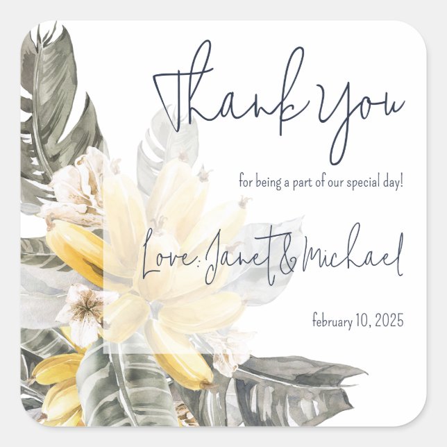 Tropical Banana Leaves Wedding Thank You Favor Square Sticker (Front)