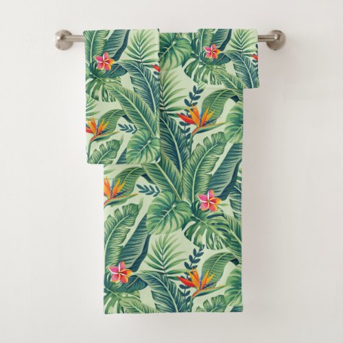 Tropical Banana Monstera Palm Leaves  Flowers Bath Towel Set