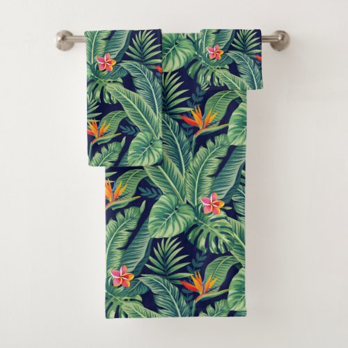 Tropical Banana Monstera Palm Leaves  Flowers Bath Towel Set