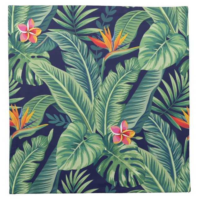 Tropical Banana Monstera Palm Leaves & Flowers Cloth Napkin (Front)