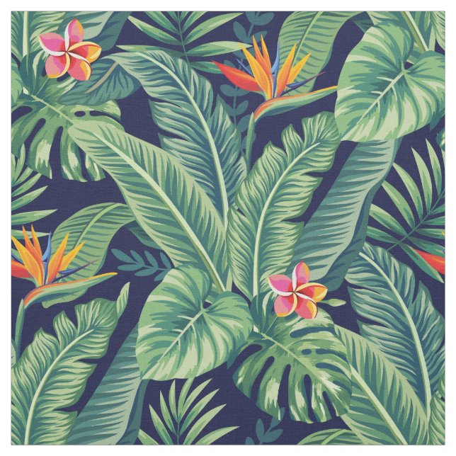 Tropical Banana Monstera Palm Leaves & Flowers Fabric (Swatch)