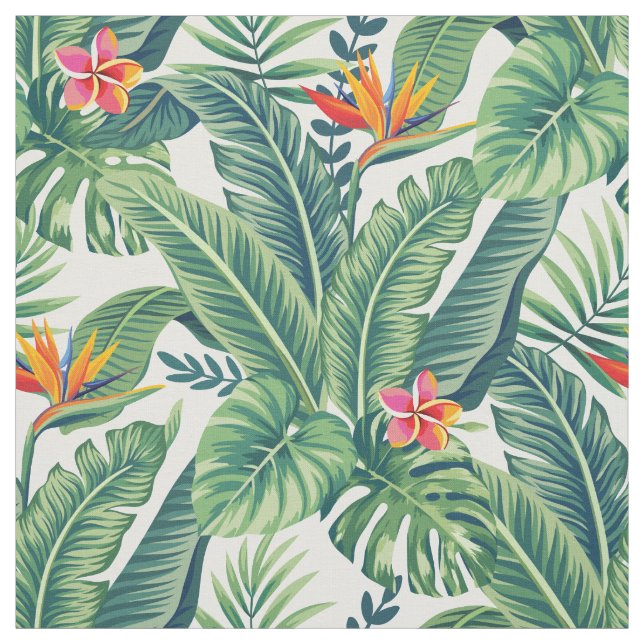 Tropical Banana Monstera Palm Leaves & Flowers Fabric (Swatch)
