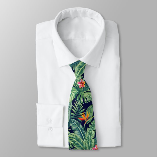 Tropical Banana Monstera Palm Leaves & Flowers Neck Tie (Tied)
