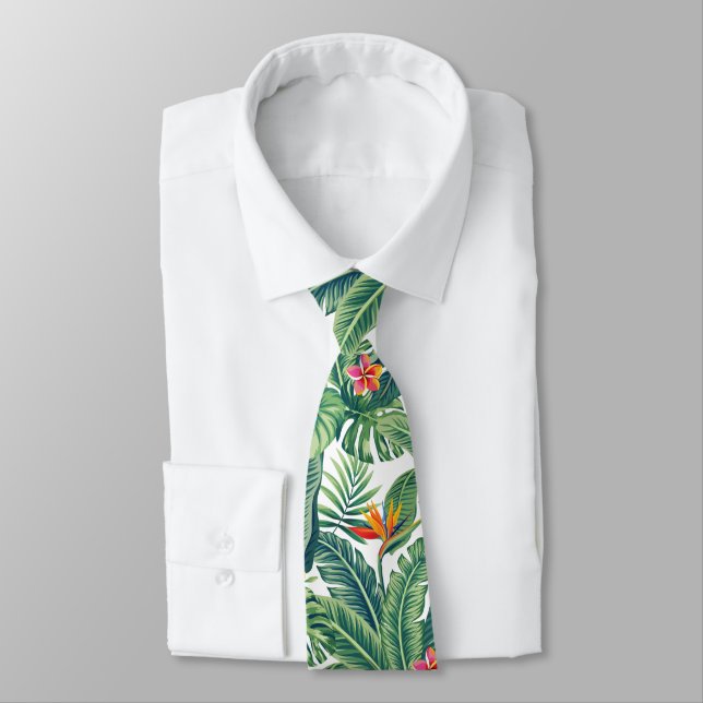Tropical Banana Monstera Palm Leaves & Flowers Neck Tie (Tied)