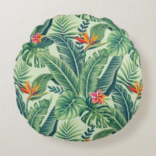 Tropical Banana Monstera Palm Leaves & Flowers Round Pillow