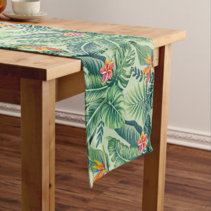 Tropical Banana Monstera Palm Leaves & Flowers Short Table Runner