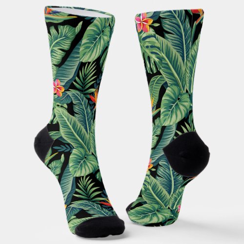 Tropical Banana Monstera Palm Leaves  Flowers Socks