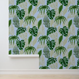 Tropical Banana, Palm & Monstera Leaves Coral Blue