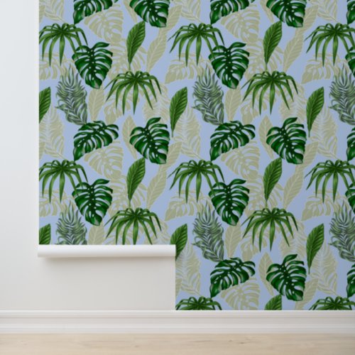 Tropical Banana Palm  Monstera Leaves Coral Blue Wallpaper