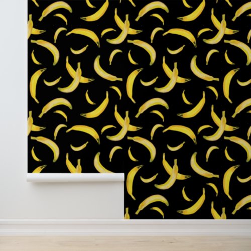 Tropical Banana Pattern on Black Wallpaper