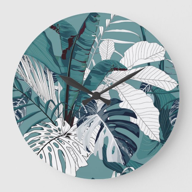 Tropical Bananas Monstera: Fashionable Seamless. Large Clock (Front)
