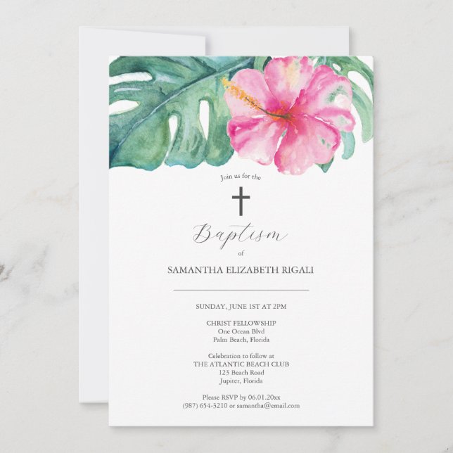 Tropical Baptism Invitations Pink Hibiscus Flower (Front)