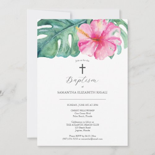 Tropical Baptism Invitations Pink Hibiscus Flower