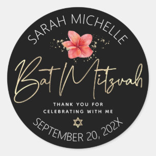 Tropical Bat Mitzvah Black Gold Floral Watercolor Classic Round Sticker