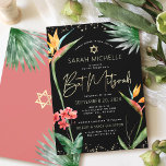 Tropical Bat Mitzvah Black Gold Floral Watercolor  Invitation<br><div class="desc">Be proud, rejoice and showcase this milestone of your favorite Bat Mitzvah with this sophisticated, personalized invitation! Stylish, stunning, colorful, tropical watercolor birds of paradise flowers, faux gold handwritten script, Star of David and glitter dots, along with modern sans serif type, overlay a dramatic, black background. Additional watercolor palm leaves...</div>