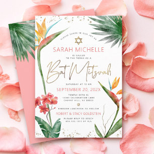 Tropical Bat Mitzvah Floral Watercolor Gold Script Invitation