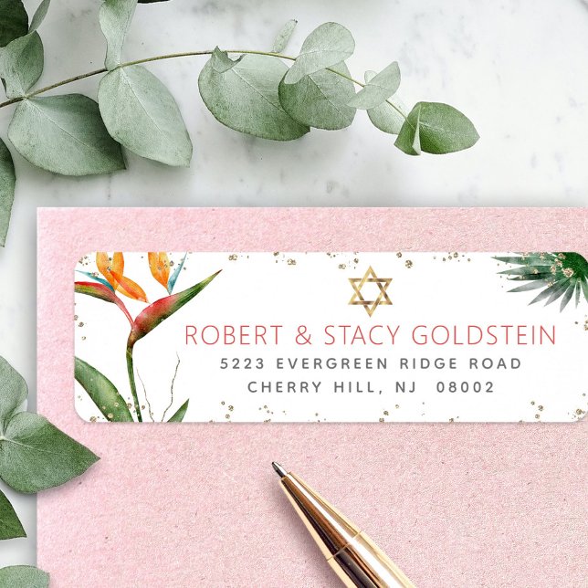 Tropical Bat Mitzvah Gold Palm Watercolor Address Label (Creator Uploaded)