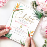 Tropical Bat Mitzvah Gold Script Floral Watercolor Enclosure Card<br><div class="desc">Be proud, rejoice and showcase this milestone of your favorite Bat Mitzvah! Include this modern, sparkly, personalized insert for additional information to your event. Stylish, stunning, colorful, tropical watercolor birds of paradise flowers, faux gold handwritten script, Star of David and glitter dots, along with dark rose pink and gray modern...</div>