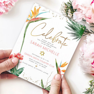 Tropical Bat Mitzvah Gold Script Floral Watercolor Enclosure Card