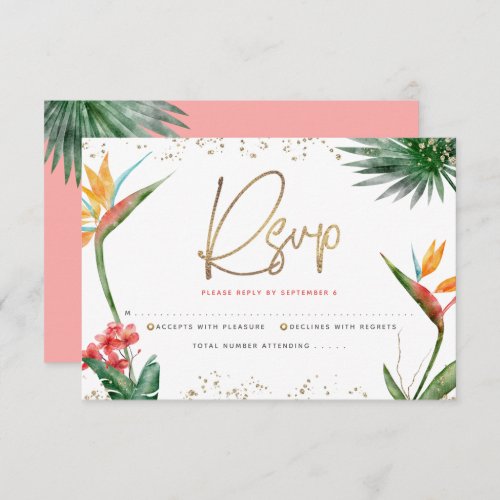 Tropical Bat Mitzvah Gold Script Floral Watercolor RSVP Card