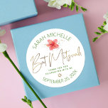 Tropical Bat Mitzvah Watercolor Floral Gold Script Classic Round Sticker<br><div class="desc">Be proud, rejoice and celebrate this milestone of your favorite Bat Mitzvah whenever you use this sophisticated, personalized sticker! A stylish, stunning, colorful, tropical watercolor plumeria flower, faux gold handwritten script, Star of David and glitter dots, along with spring green modern sans serif type, overlay a white background. Personalize the...</div>