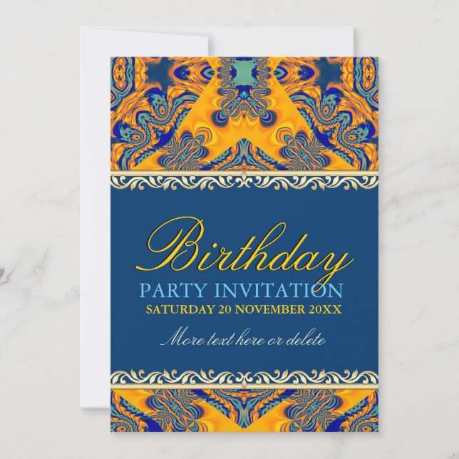 Tropical Batik Orange Blue Birthday Invitation (Front)