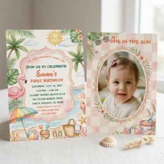 Tropical Beach 1st Birthday Girl Pink Summer Pool  Invitation