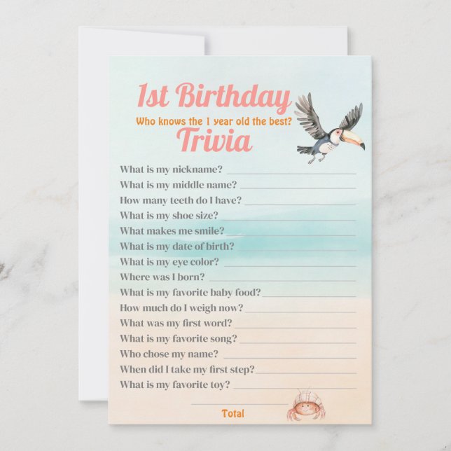 Tropical Beach 1st Birthday Trivia editable game  Invitation (Front)