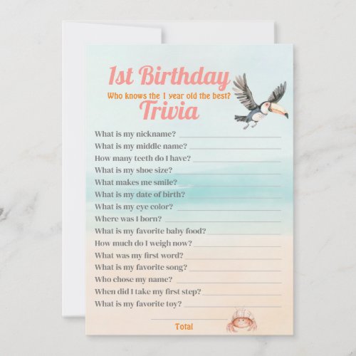 Tropical Beach 1st Birthday Trivia editable game  Invitation