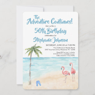 Tropical Beach Adventure 50th Birthday Party Blue Invitation