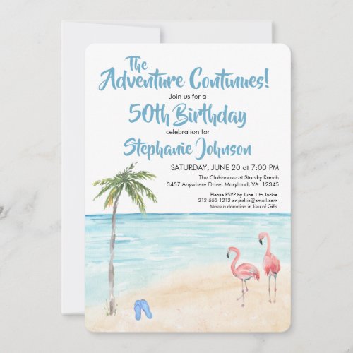 Tropical Beach Adventure 50th Birthday Party Blue Invitation