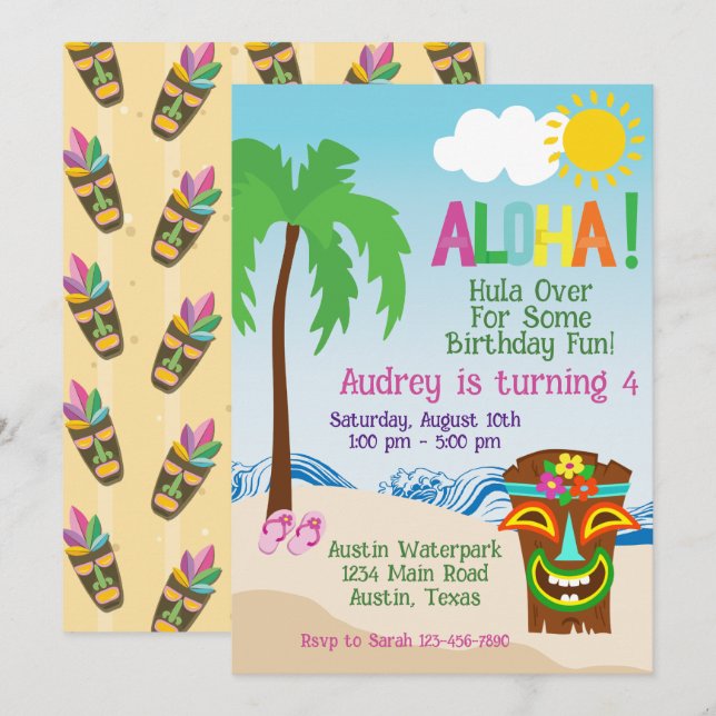 Tropical Beach Aloha Luau Birthday Invitation (Front/Back)