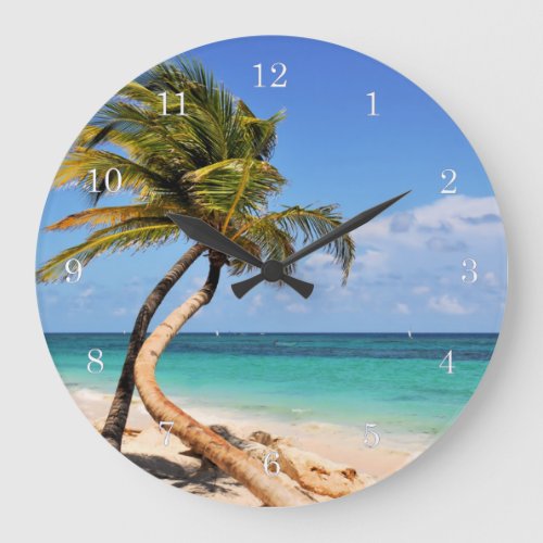 Tropical Beach And Palm Tree Large Clock