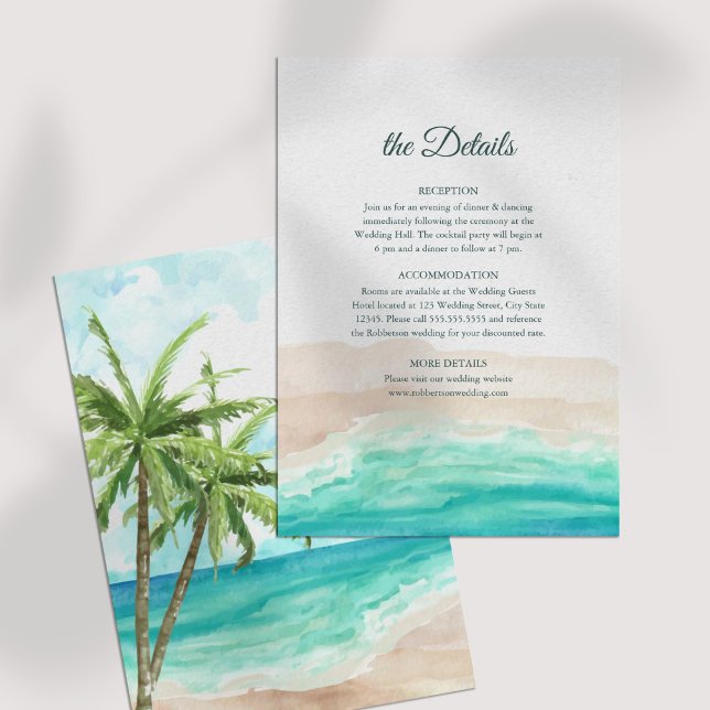 Tropical Beach and Palm Trees Wedding Details Card (Tropical Beach and Palm Trees Wedding Details Card on a white table.)