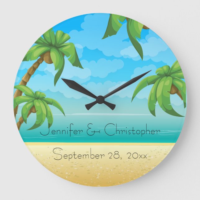 Tropical Beach and Palm Trees Wedding Memento Large Clock (Front)