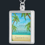 Tropical Beach and Palm Trees Wedding Memento Silver Plated Necklace<br><div class="desc">A memento for the newly weds or as a thank you gift for the bridal party, a tropical design featuring an illustration of a beach scene with palm trees and coconuts. The text is fully customizable for the details of your own special occasion. This necklace memento coordinates with the Tropical...</div>