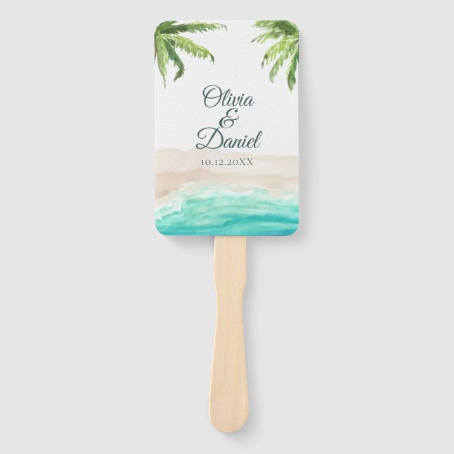 Tropical Beach and Palm Trees Wedding Program Hand Fan (Front)
