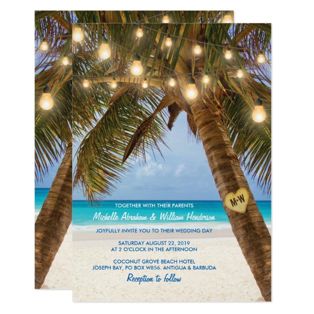 Tropical Beach And String Lights Wedding Invitation