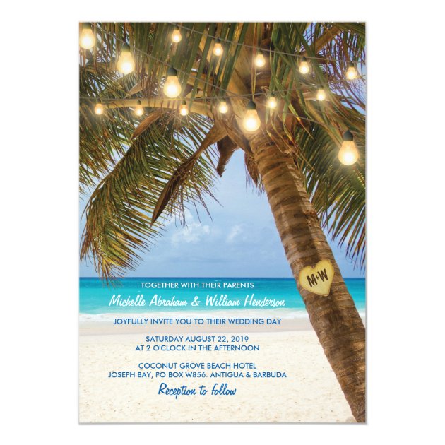 Tropical Beach And String Lights Wedding Invitation